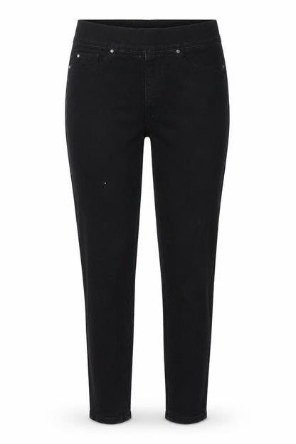 Front view of Denim & Co. women’s black denim skinny jeans, size UK 8, 27-inch leg
