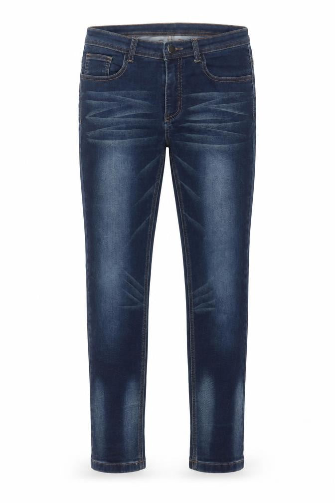 Front view of women’s blue denim skinny jeans, size UK 32, in, 28-inch leg