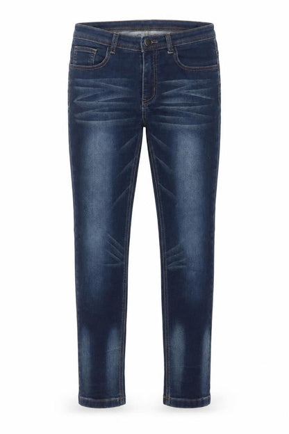 Front view of women’s blue denim skinny jeans, size UK 32, in, 28-inch leg