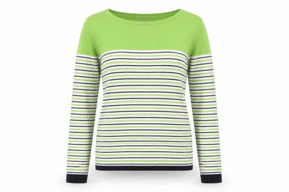 Front view of Kem women’s green striped knit jumper, size UK 10