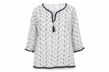 Front view of Karisma women’s black geometric basic blouse, size XL
