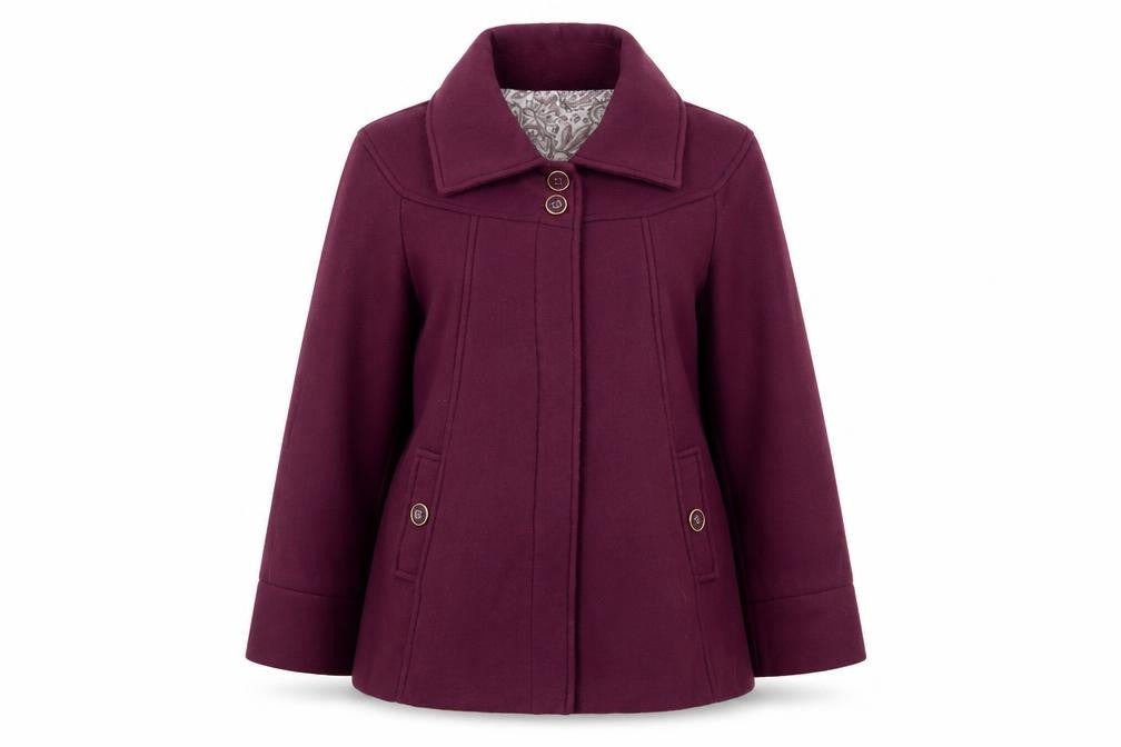 Front view of Anne De Lancay women’s purple pea coat coat, size UK 14