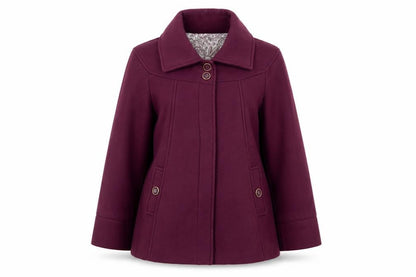 Front view of Anne De Lancay women’s purple pea coat coat, size UK 14