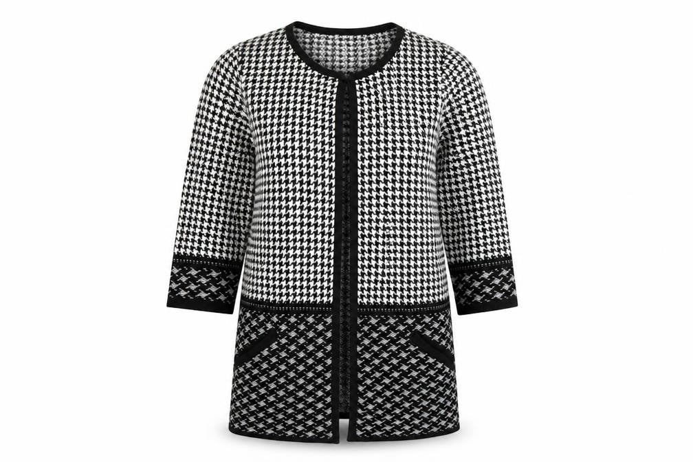 Front view of F&F women’s multicoloured geometric cardigan jumper, size UK 10