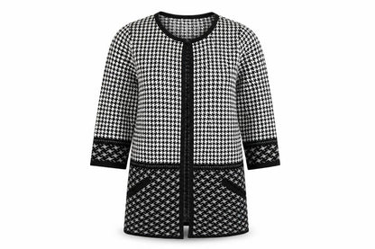 Front view of F&F women’s multicoloured geometric cardigan jumper, size UK 10