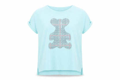 Front view of la pia women’s blue basic t-shirt, size S