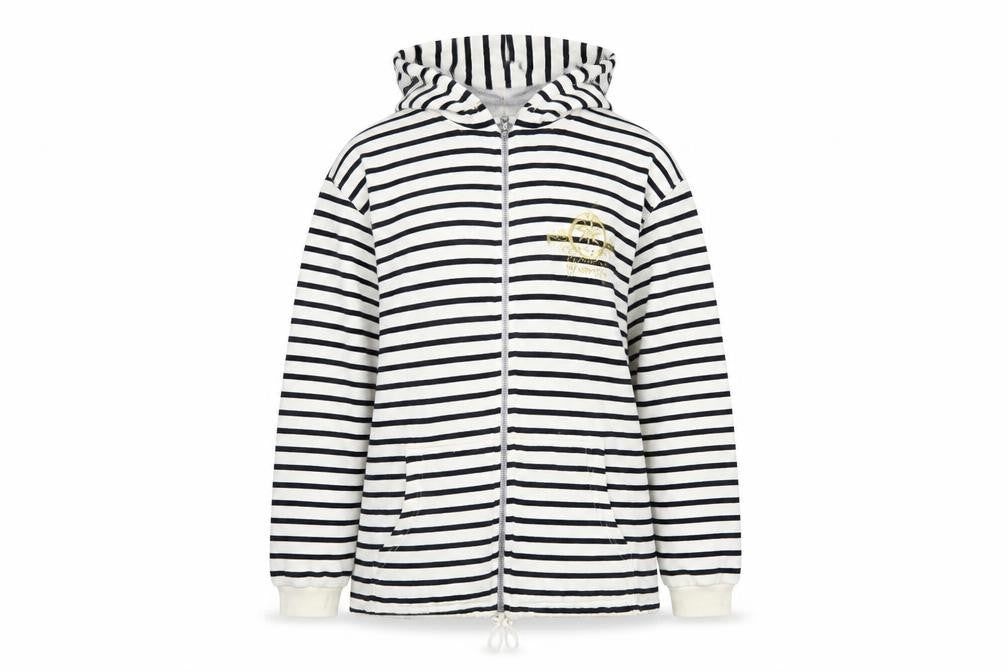 Front view of Rayar women’s white striped jacket, size M