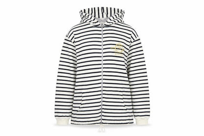 Front view of Rayar women’s white striped jacket, size M