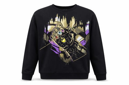 Front view of Disney women’s black pullover sweatshirt, size M, - marvel