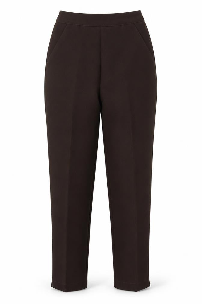 Front view of Preworn women’s brown trousers, size UK 10, 25-inch leg