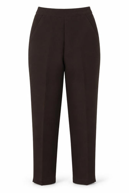 Front view of Preworn women’s brown trousers, size UK 10, 25-inch leg