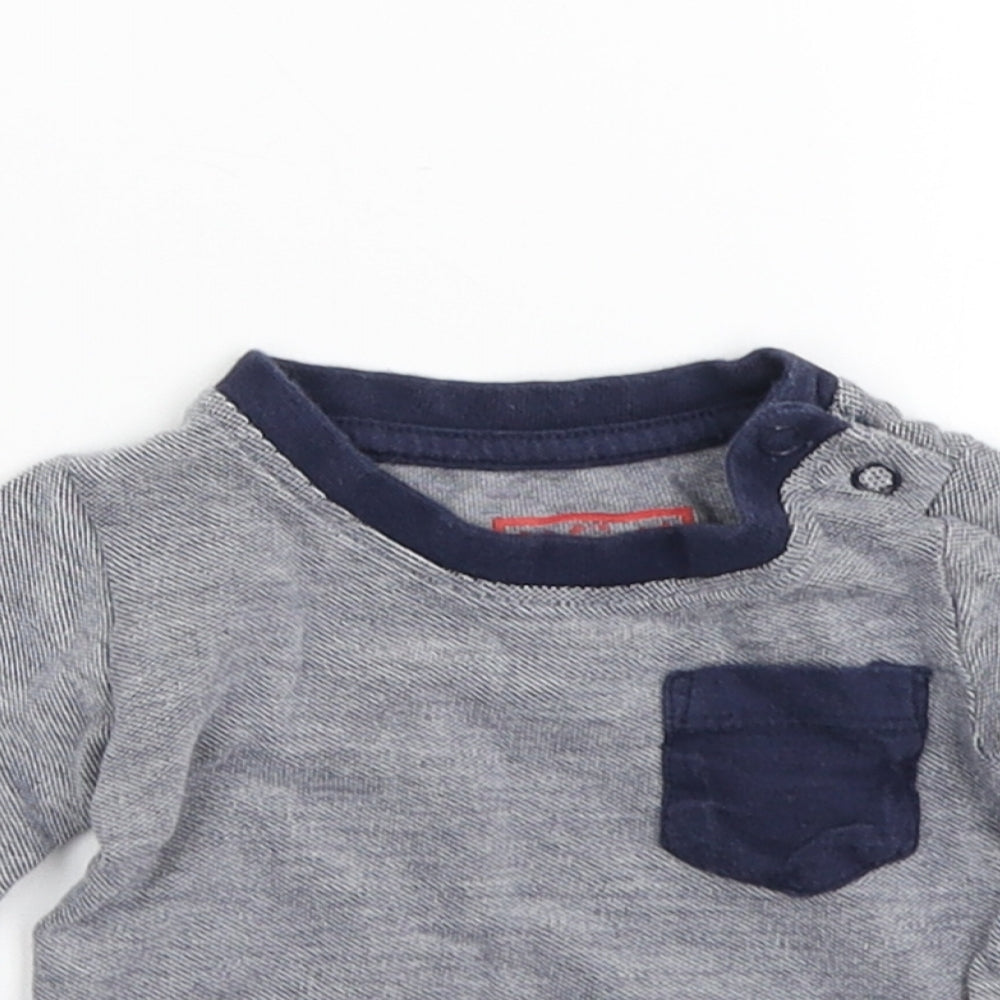 Close-up detail of Early Days boys’ blue striped basic t-shirt, size 0-3, months