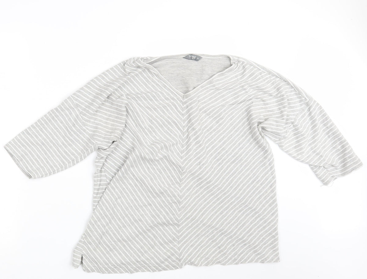 Additional front view of Nutmeg women’s grey striped pullover sweatshirt, size UK 18