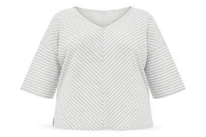 Front view of Nutmeg women’s grey striped pullover sweatshirt, size UK 18