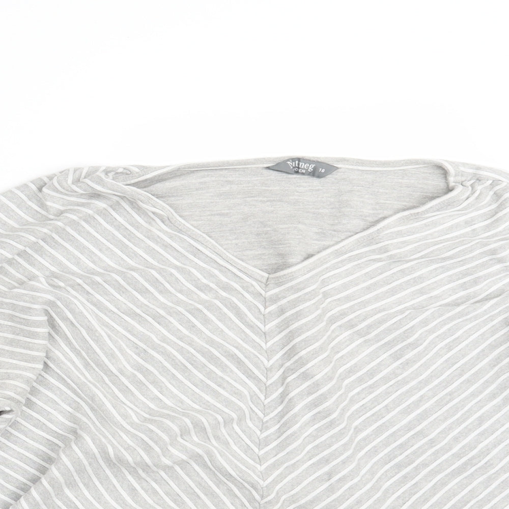 Close-up detail of Nutmeg women’s grey striped pullover sweatshirt, size UK 18