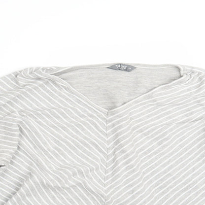 Close-up detail of Nutmeg women’s grey striped pullover sweatshirt, size UK 18