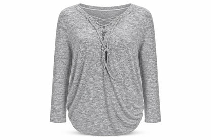 Front view of Primark women’s grey knit pullover sweatshirt, size UK 14