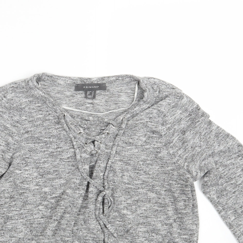Close-up detail of Primark women’s grey knit pullover sweatshirt, size UK 14