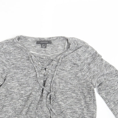 Close-up detail of Primark women’s grey knit pullover sweatshirt, size UK 14