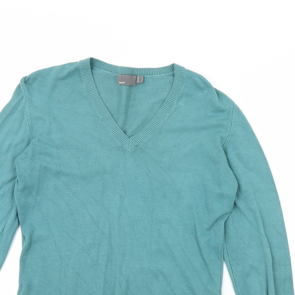 Close-up detail of mexy women’s green jumper, size S