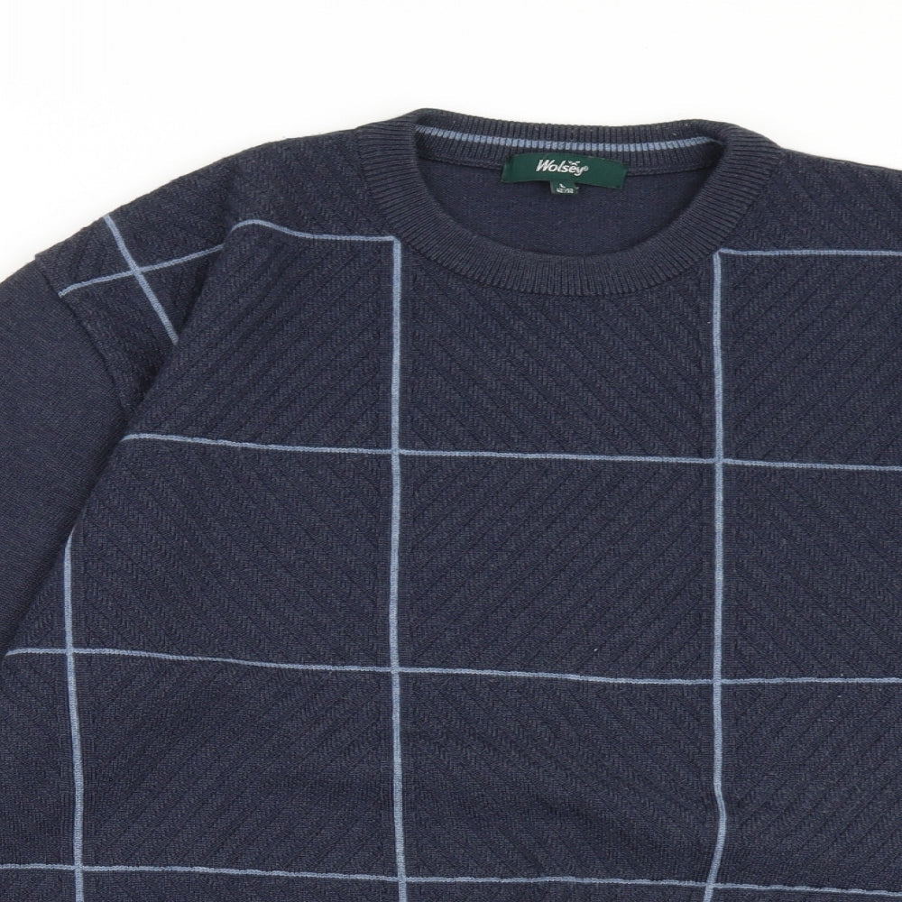 Close-up detail of Walsey men’s blue jumper, size L