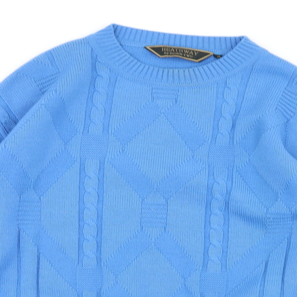 Close-up detail of Heathways men’s blue jumper, size M