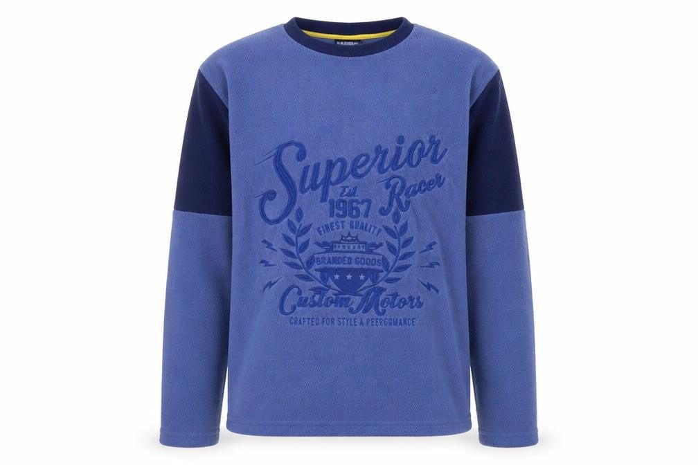 Front view of Harvery james men’s blue fleece jumper, size L