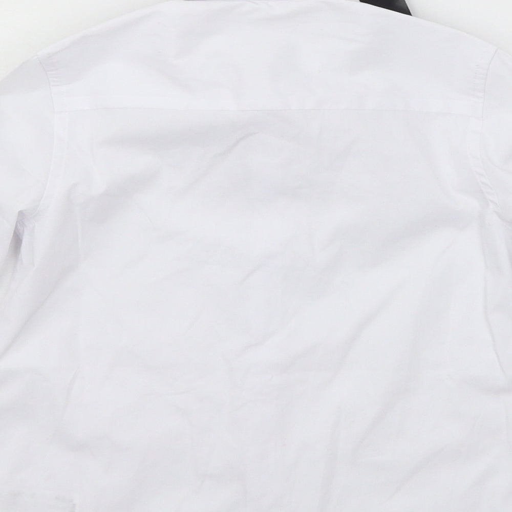 Brand and care label for Next girls’ white basic button-up, size 5, years