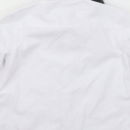 Brand and care label for Next girls’ white basic button-up, size 5, years