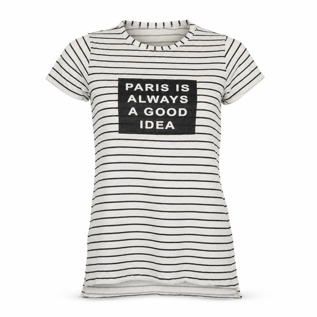 Front view of Preworn women’s ivory striped jersey basic t-shirt, size M, - paris