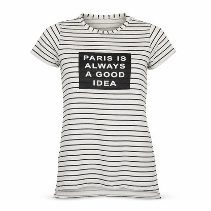 Front view of Preworn women’s ivory striped jersey basic t-shirt, size M, - paris