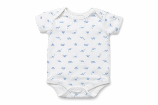 Front view of Tu Baby White Geometric Jersey Babygrow One-Piece, size 12-18, Months - DInosaur