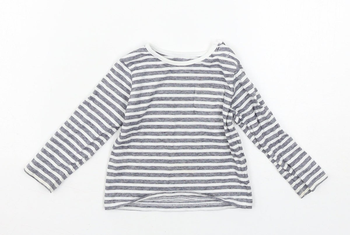 Front view of TU boys’ white striped basic t-shirt, size 6-9, months
