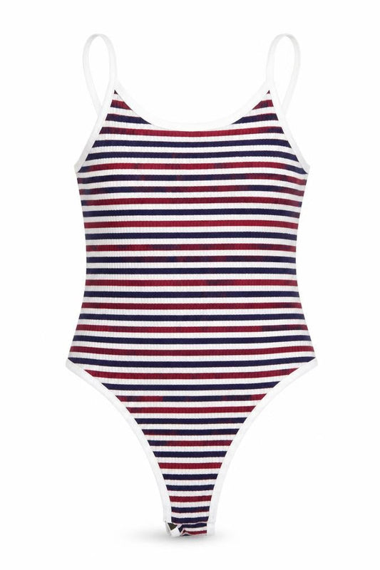 Front view of women’s multicoloured striped bodysuit one-piece, size S