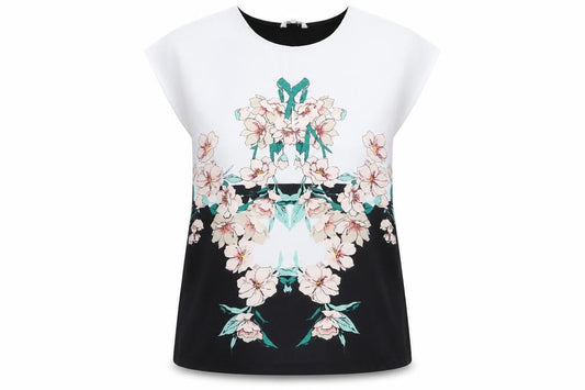 Front view of Peacocks women’s multicoloured floral basic tank, size UK 14