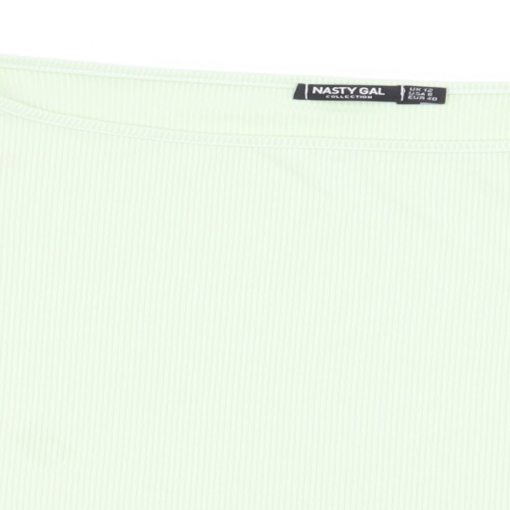 Close-up detail of Nasty Gal women’s green basic t-shirt, size UK 12