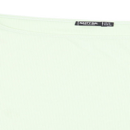 Close-up detail of Nasty Gal women’s green basic t-shirt, size UK 12