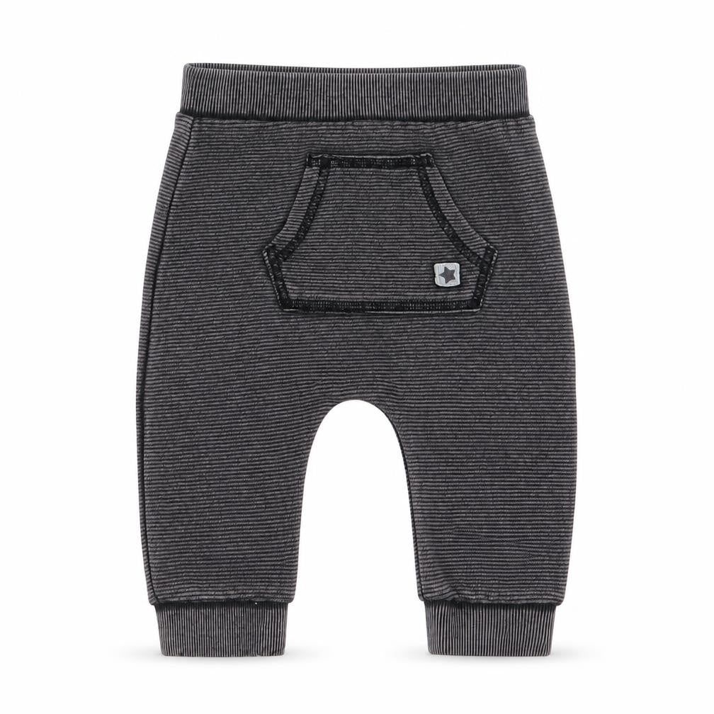 Front view of F&F boys’ multicoloured striped jogger trousers, size 3-6, months