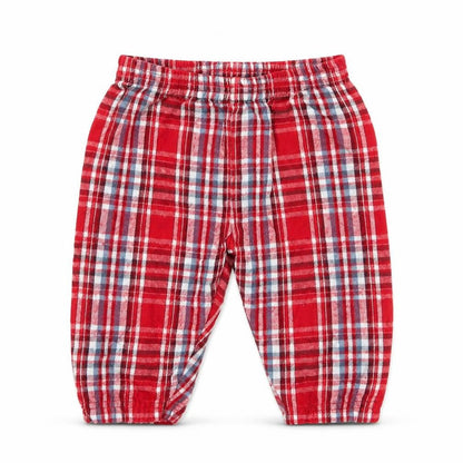 Front view of Nutmeg boys’ red chevron capri trousers, size 3-6, months