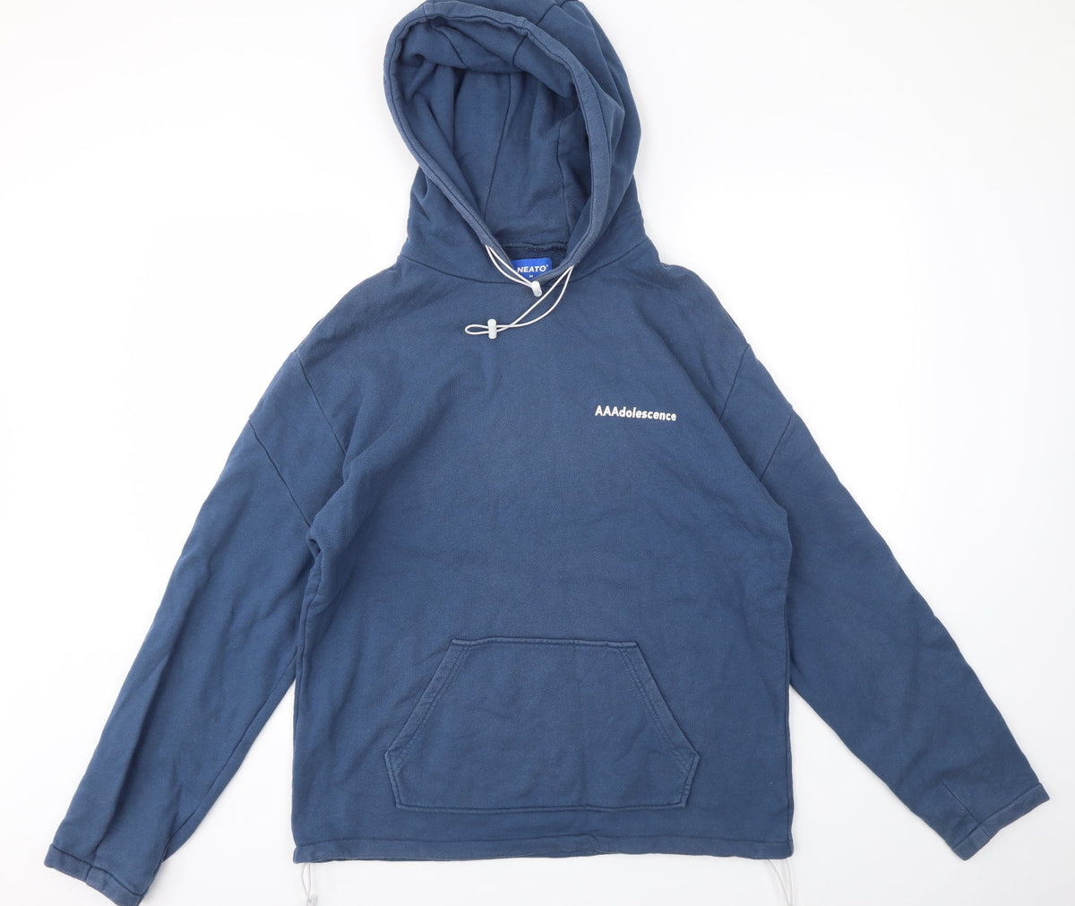Additional front view of AT NEATO men’s blue pullover hoodie, size S