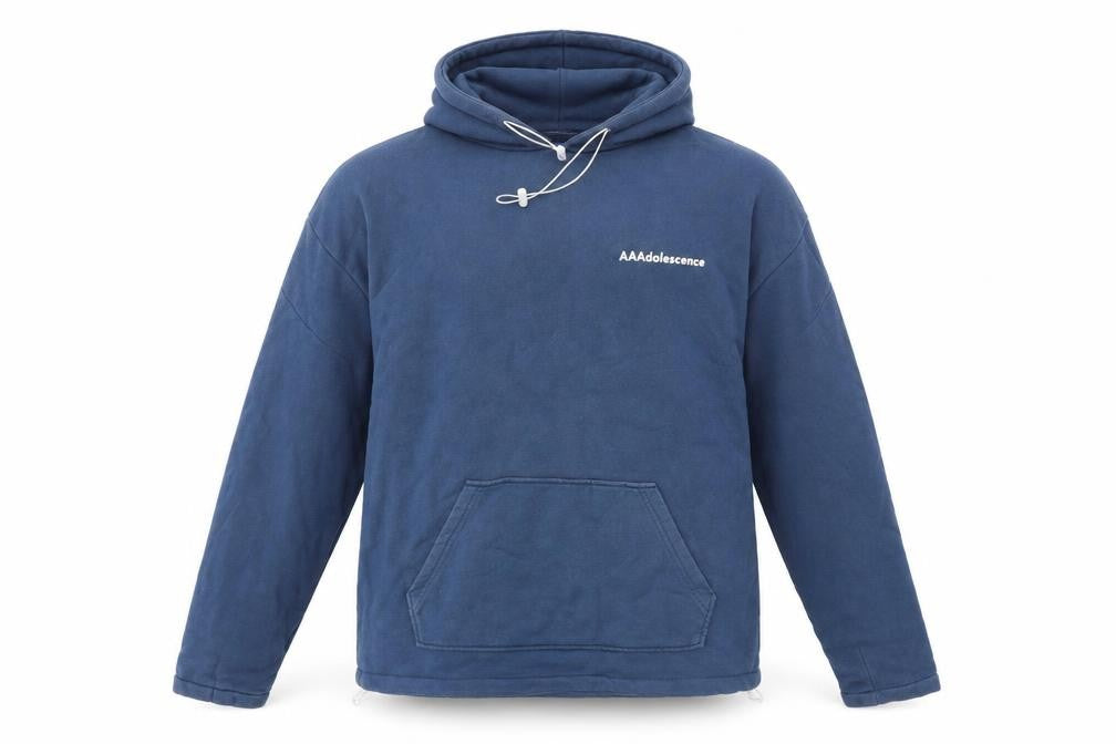 Front view of AT NEATO men’s blue pullover hoodie, size S
