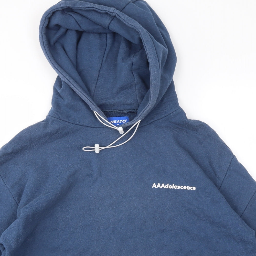Close-up detail of AT NEATO men’s blue pullover hoodie, size S