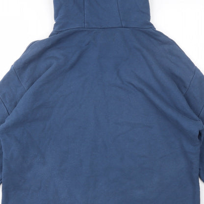 Brand and care label for AT NEATO men’s blue pullover hoodie, size S
