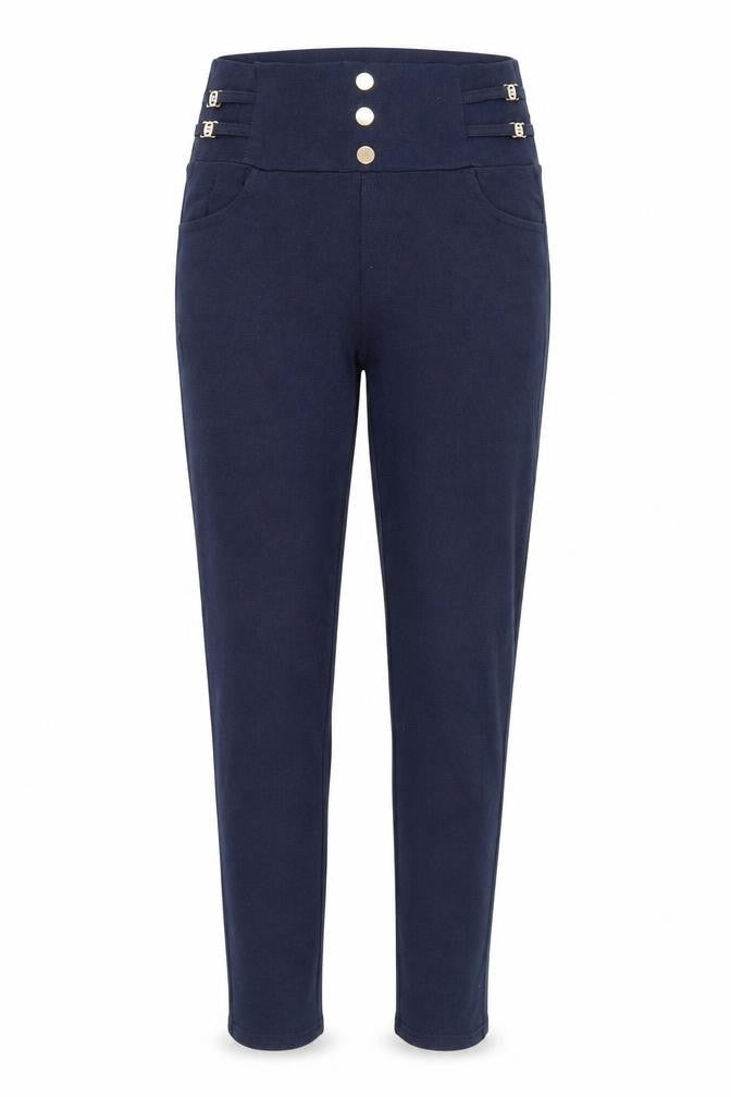 Front view of Preworn women’s blue capri leggings, size L, 28-inch leg
