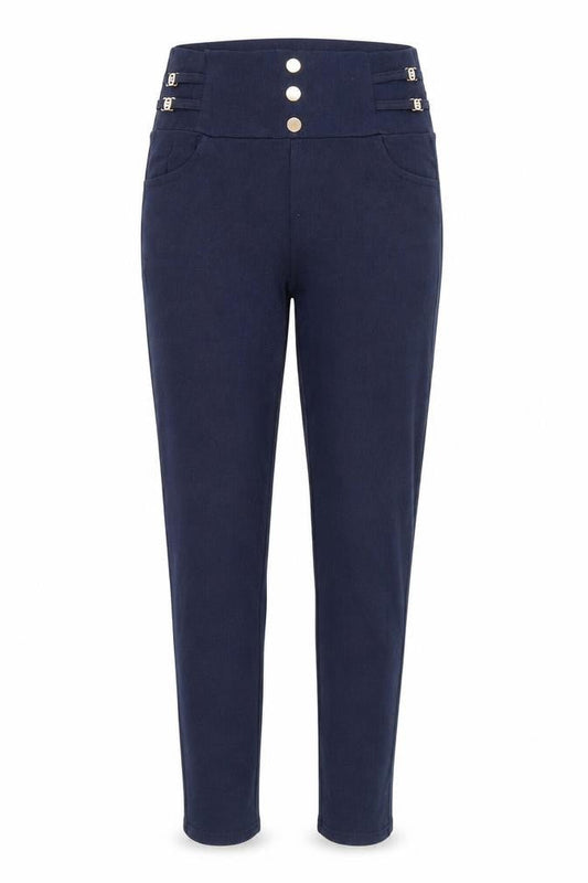 Front view of Preworn women’s blue capri leggings, size L, 28-inch leg