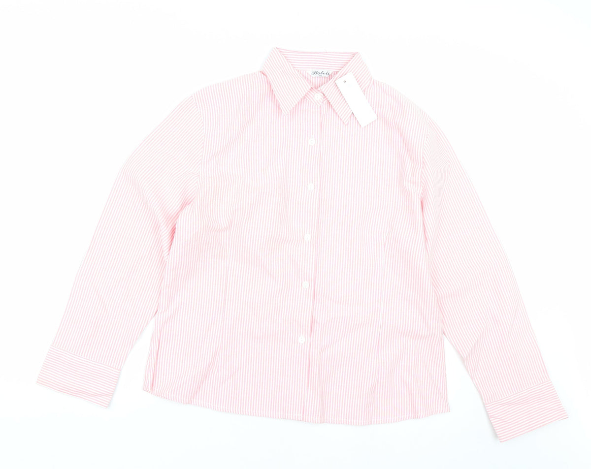 Additional front view of Boteli women’s pink striped basic button-up, size 2XL