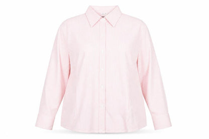 Front view of Boteli women’s pink striped basic button-up, size 2XL