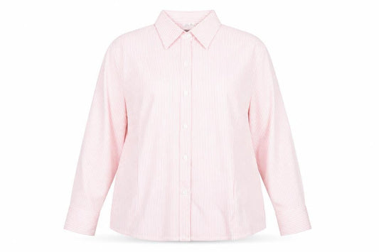 Front view of Boteli women’s pink striped basic button-up, size 2XL