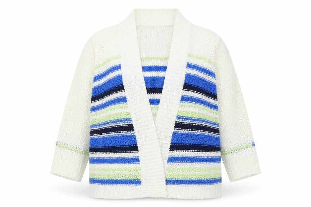 Front view of Inspire women’s white striped cardigan jumper, size S