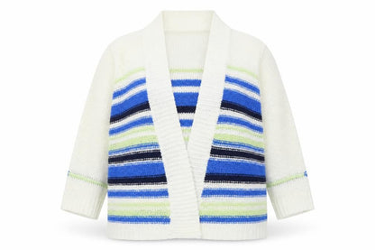 Front view of Inspire women’s white striped cardigan jumper, size S